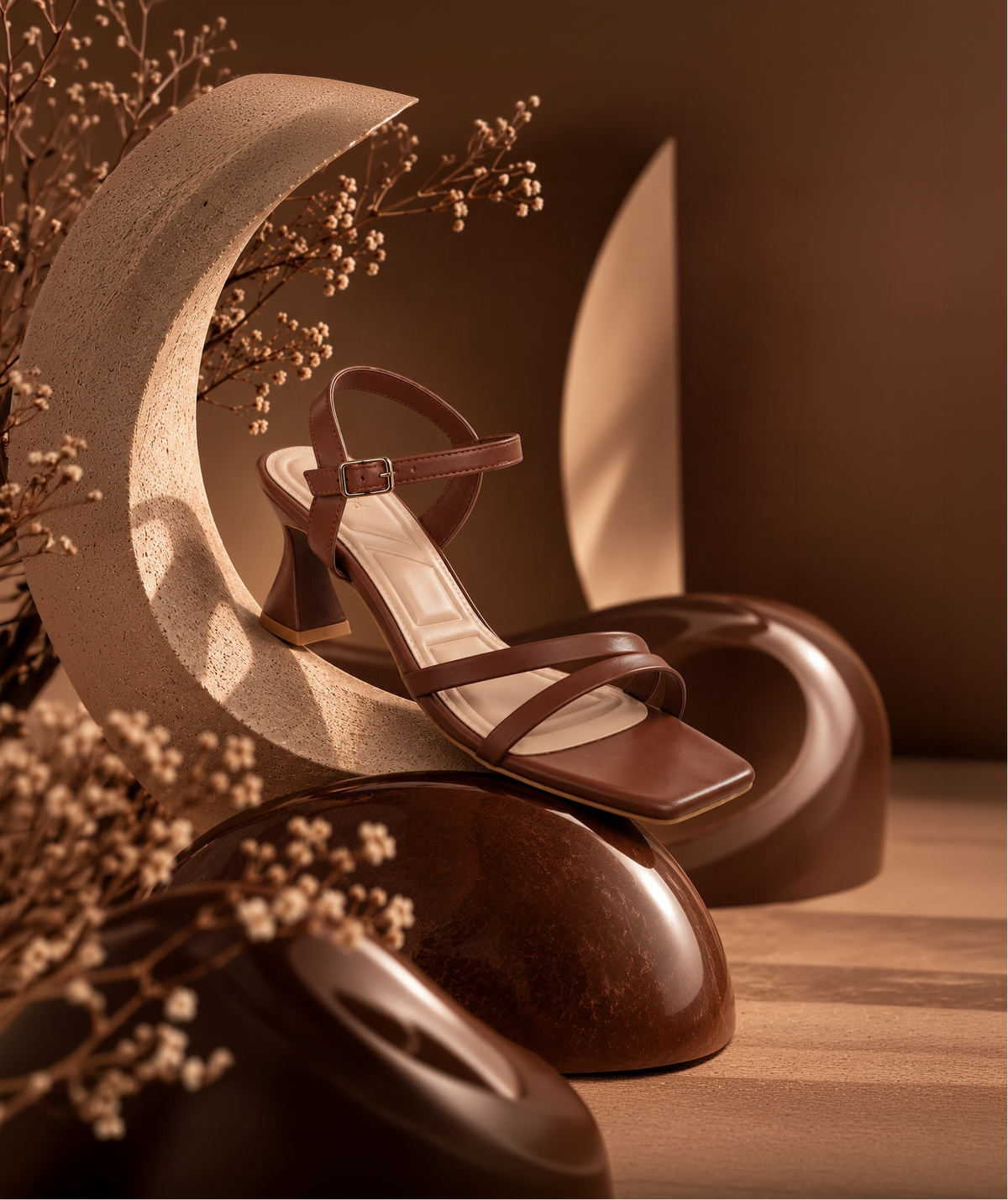 A brown strappy heeled sandal with an ankle strap and block heel, styled on sculptural props with dried floral branches in a warm brown studio setting.